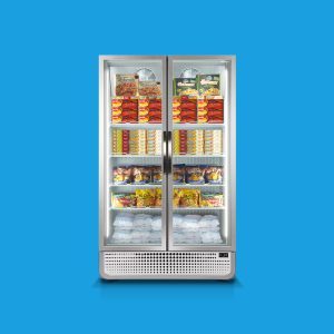 A double-door commercial freezer displays a variety of frozen foods, including boxes and bags, organized on shelves against a bright blue background.