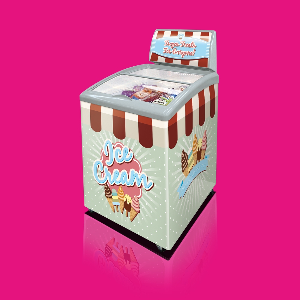 Ice cream freezer displaying “Ice Cream” text with illustrations of ice cream cones, against a vibrant pink background. The machine has a retro design with red and white stripes.