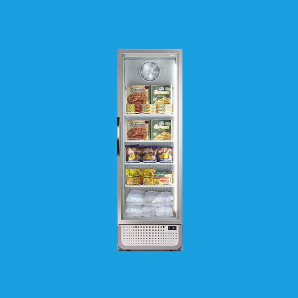 Refrigerator displaying various packaged foods stands against a blue background.