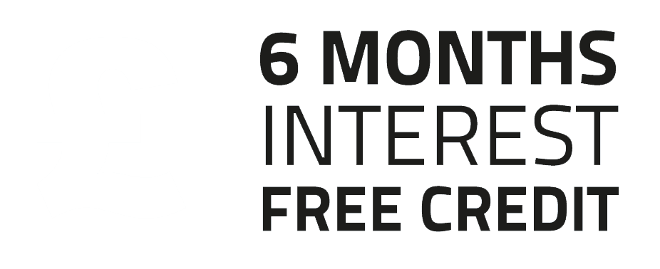 Large black text states "6 MONTHS INTEREST FREE CREDIT" next to a faint pound sterling symbol, placed against a plain white background.