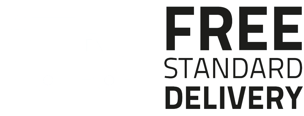 A delivery truck icon driving, accompanied by bold text “FREE STANDARD DELIVERY” in a clean, minimalistic design. The truck is on the left, while the text is on the right.