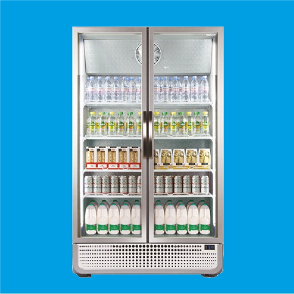 A stainless steel double-door refrigerator displaying bottled water on the top shelf, various beverage cans and cartons on the middle shelves, and milk bottles on the bottom shelf against a blue background.